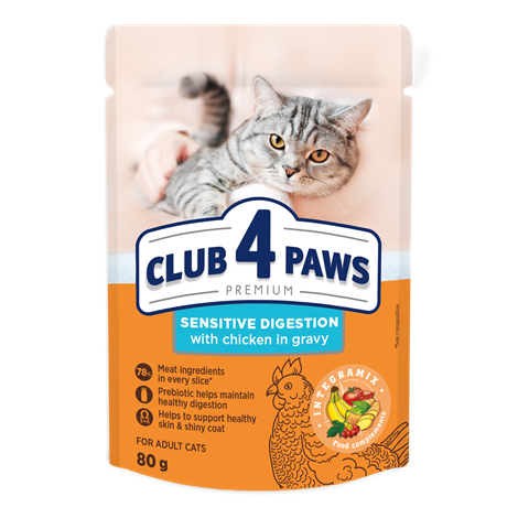 CLUB 4 PAWS Karma Mokra dla Kota „SENSITIVE DIGESTION” KURCZAK W SOSIE 80 g