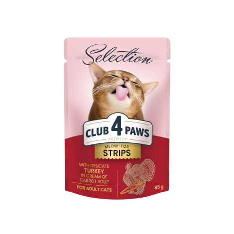 CLUB 4 PAWS Premium Selection Karma Mokra dla Kota STRIPSY Z INDYKA W ZUPIE KREM MARCHEWKOWEJ 85 g