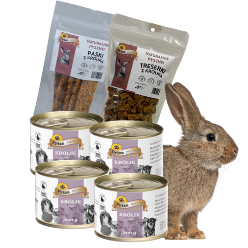Zestaw z Królika 100% - Paski, Treserki i Karma Mokra Prize Pet Food