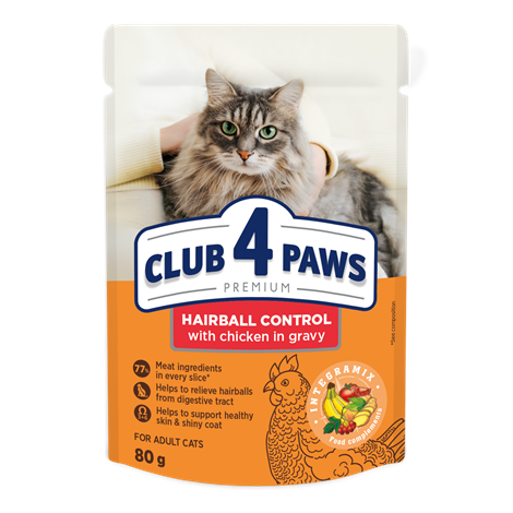 CLUB 4 PAWS Karma Mokra dla Kota „HAIRBALL CONTROL” KURCZAK W SOSIE 80 g